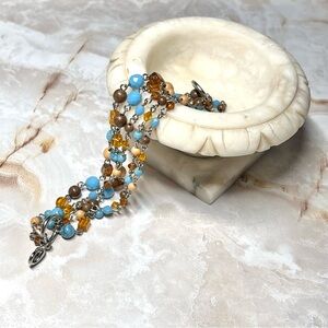 Bead Chain Links Multilayer Bracelet 7.75" Long Faux Turquoise, Browns, Tan